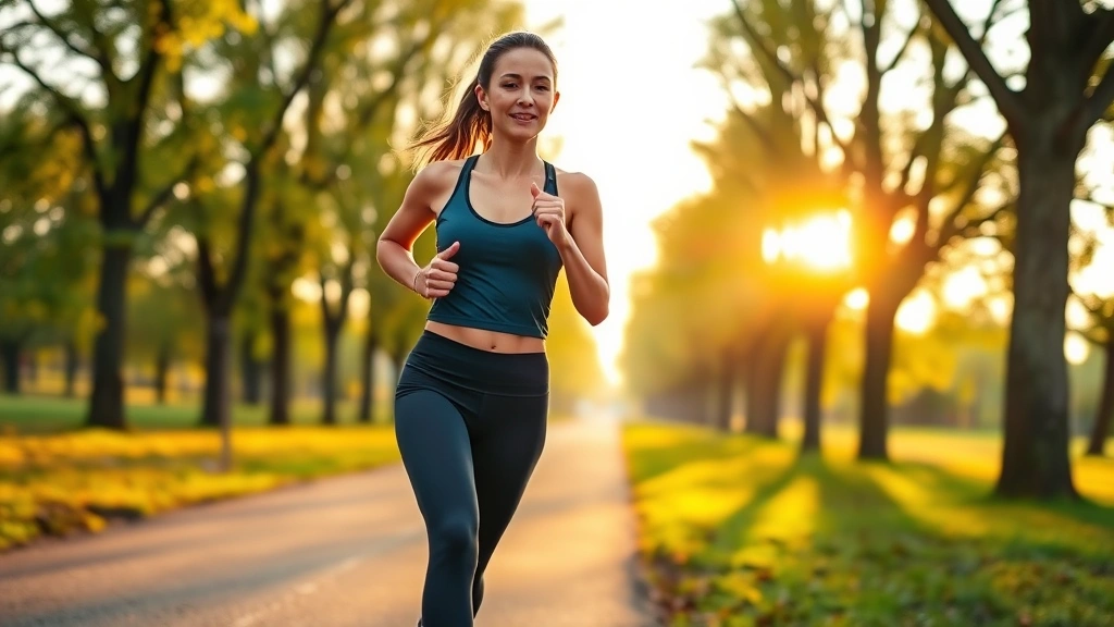 Fit woman jogging outdoors on a tree-lined path during golden hour, wearing comfortable athletic clothes, showing strength and wellness during cardio exercise