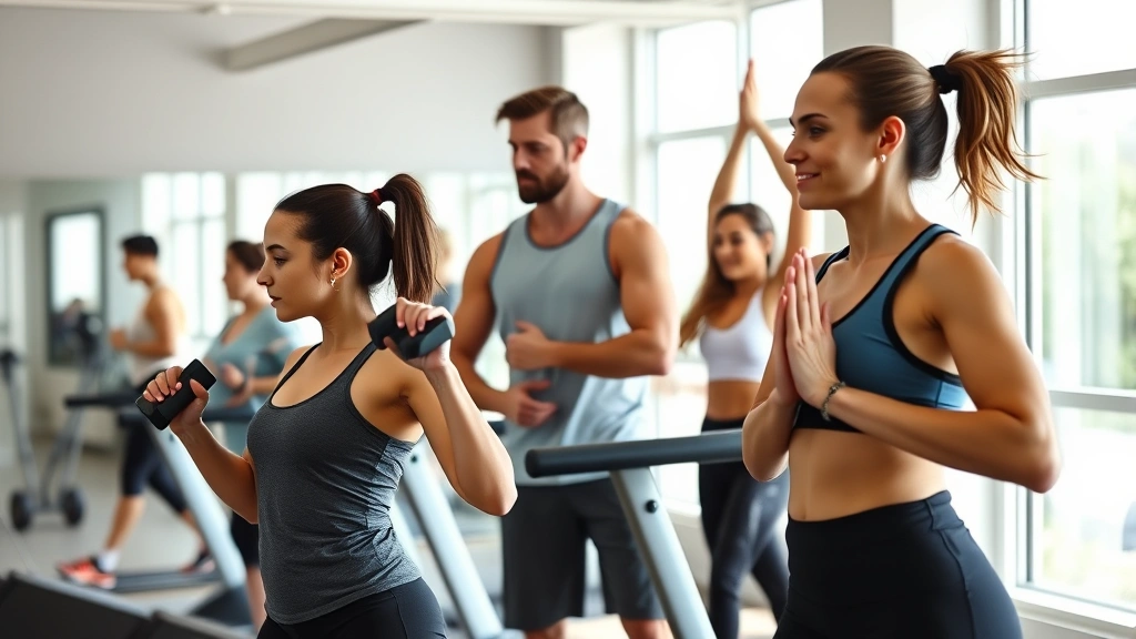 A diverse group of people exercising together in a bright gym—woman doing strength training with dumbbells, man on treadmill, another person doing yoga—showing variety of fitness activities, motivational and energetic environment, natural daylight