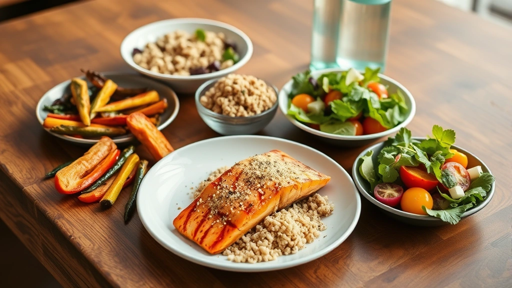 A nutritious meal spread on a wooden table featuring grilled salmon, colorful roasted vegetables, quinoa, fresh salad, and water bottle, prepared for a healthy weight loss meal plan, appetizing and wholesome presentation, warm natural lighting