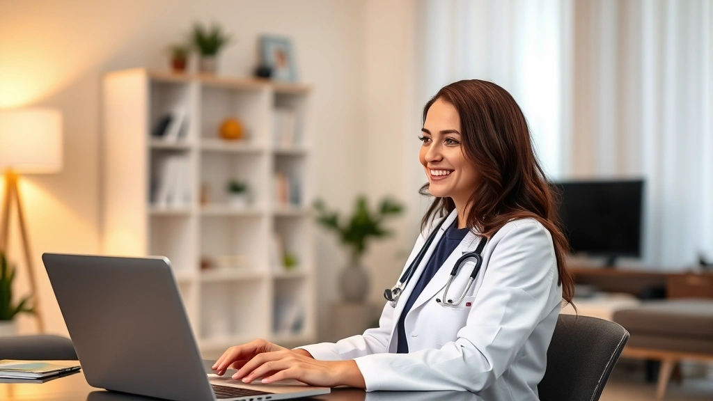 Professional woman in medical coat conducting a video consultation on a laptop in a modern home office, warm lighting, smiling at screen, healthcare technology setup visible