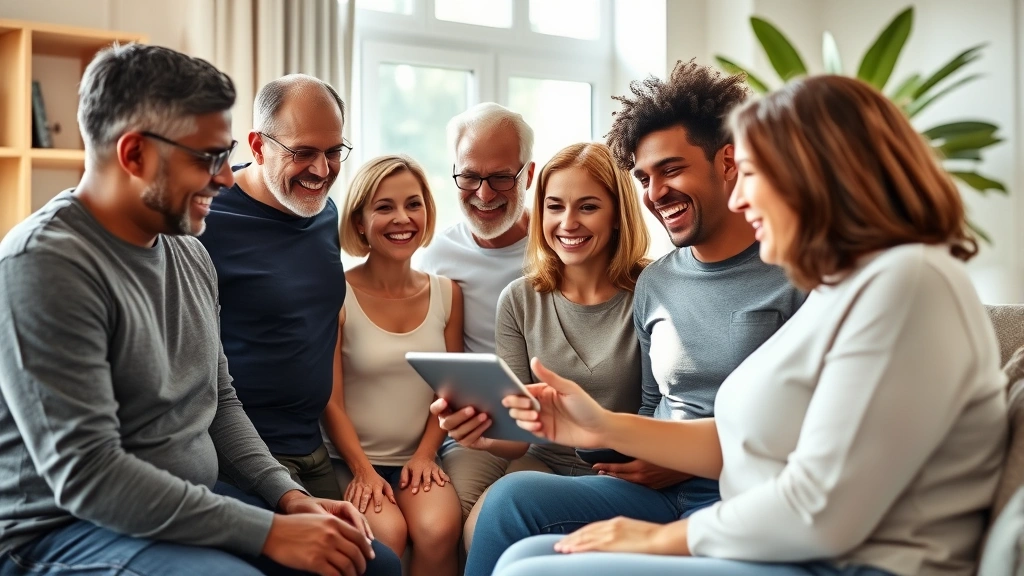 Diverse group of people of various ages and body types in a bright, modern living room laughing together while looking at a tablet displaying health tracking app, natural window lighting
