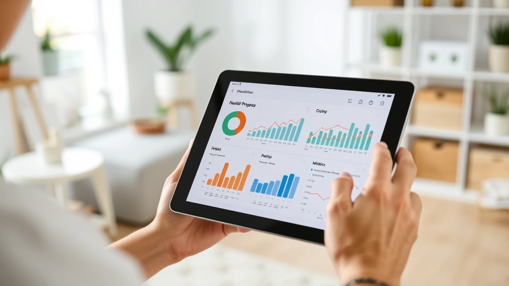 Close-up of hands holding a tablet showing a health progress dashboard with charts and wellness metrics, person in comfortable home setting, organized wellness space in background