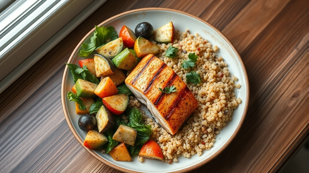 Overhead shot of a colorful plate with grilled salmon, quinoa, roasted vegetables, and fresh greens, natural window lighting, appetizing and balanced meal presentation, photorealistic