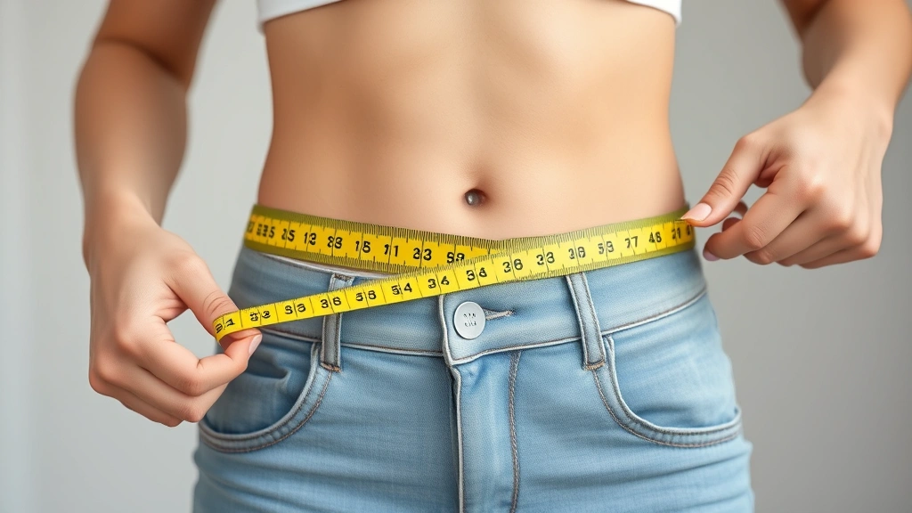 Woman measuring waist with tape measure, healthy body transformation, natural lighting, wellness focus, no numbers visible