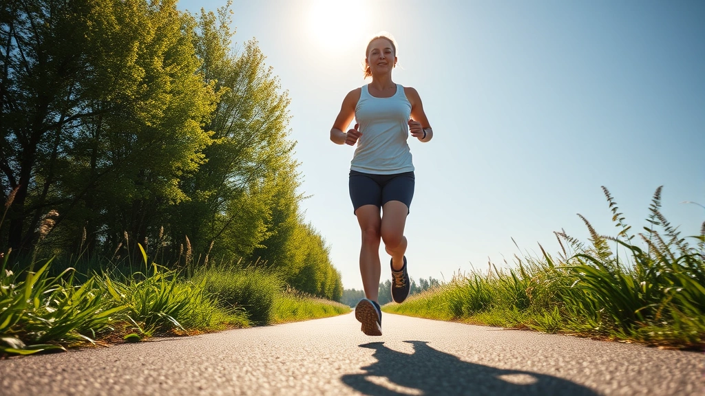 Person jogging outdoors on sunny path, active lifestyle, natural scenery, health and vitality, motion photography