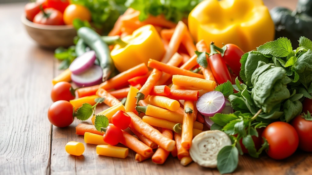 Colorful Mediterranean vegetables and lean proteins on wooden table, fresh whole foods, healthy eating, bright natural light