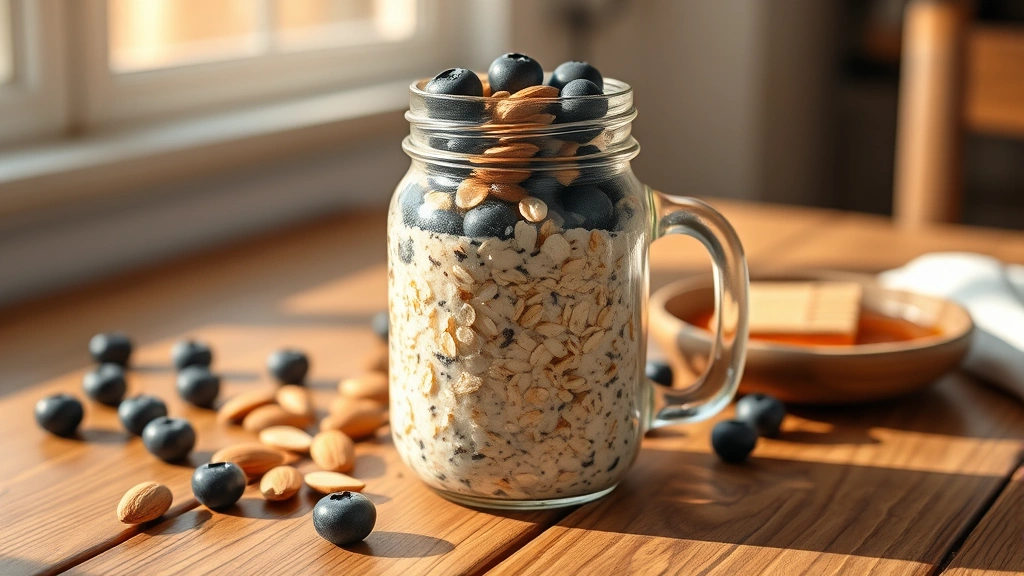 Mason jar filled with overnight oats, fresh blueberries, sliced almonds, and a drizzle of honey on a wooden table with morning sunlight, healthy breakfast aesthetic