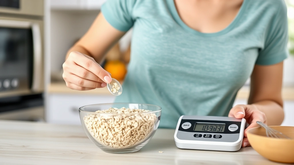 Woman measuring rolled oats with a digital food scale in a bright kitchen, showing portion control and meal preparation for weight management