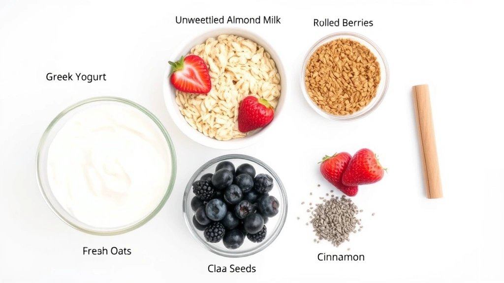 Array of overnight oats ingredients displayed separately: Greek yogurt, unsweetened almond milk, rolled oats, fresh berries, chia seeds, and cinnamon on a clean white surface