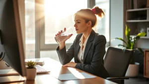 Woman in professional attire drinking water at her desk, morning sunlight through office window, healthy lifestyle, focused expression, modern workspace background