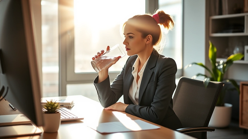 Woman in professional attire drinking water at her desk, morning sunlight through office window, healthy lifestyle, focused expression, modern workspace background