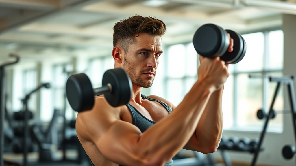 Fit person performing resistance training with dumbbells in bright gym, proper form demonstration, determined expression, professional fitness environment, natural lighting