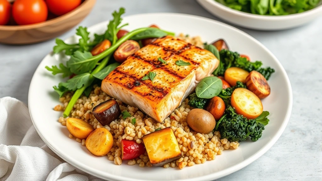 Colorful plate of whole foods including grilled salmon, quinoa, roasted vegetables, and fresh greens, nutritious meal presentation, professional food photography, wellness-focused