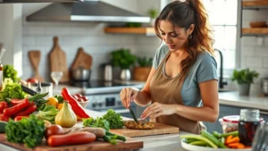Woman meal prepping fresh vegetables and grilled chicken in a modern kitchen, bright natural lighting, healthy whole foods on countertop, photorealistic