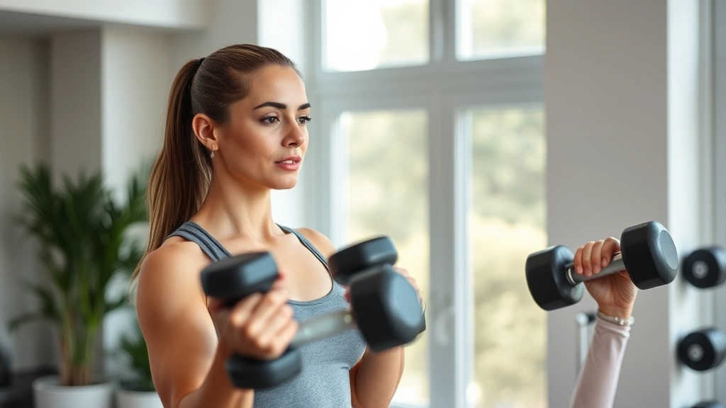 Person performing resistance training with dumbbells in bright home gym, focused expression, proper form demonstrated, natural window lighting, health-focused