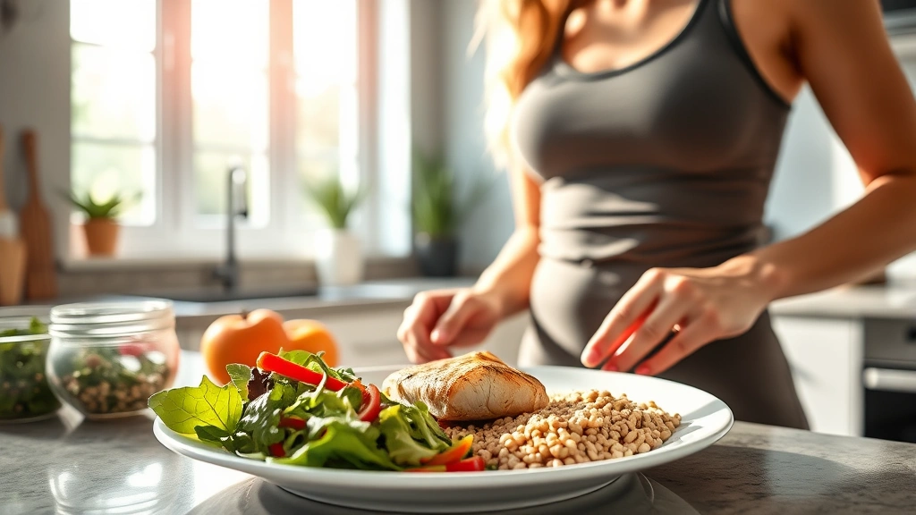 Fit woman preparing healthy meal with mixed green salad, grilled fish, and whole grains on white plate, modern kitchen counter, morning sunlight streaming through windows