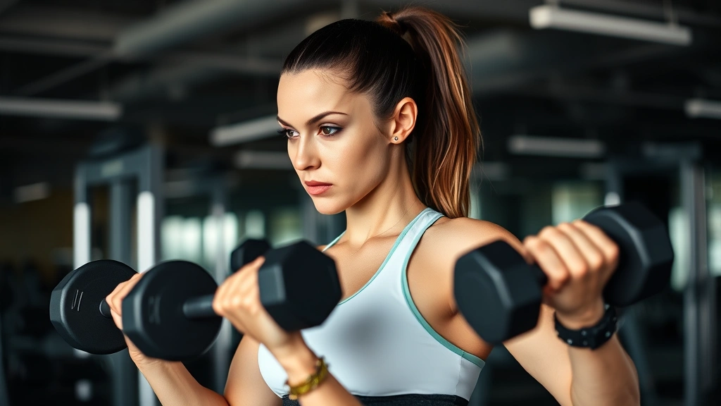 Woman doing strength training exercise with dumbbells in modern gym, focused expression, athletic wear, energetic movement captured mid-exercise, professional gym equipment visible