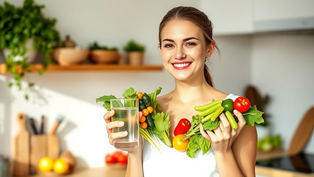 Woman in bright kitchen holding fresh vegetables and a glass of water, smiling confidently, natural lighting, healthy lifestyle setting, wellness focused