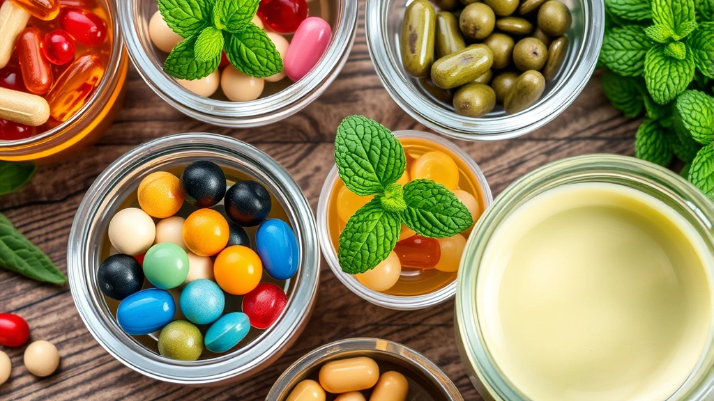 Close-up of colorful supplements, vitamins, and herbs in glass bowls including spearmint leaves, capsules, and natural ingredients on wooden surface, wellness aesthetic