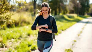Woman walking outdoors on a sunny path wearing casual athletic clothing, smiling while checking a smartwatch on her wrist, nature background with trees and grass