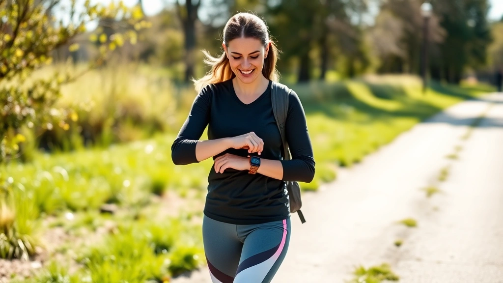 Woman walking outdoors on a sunny path wearing casual athletic clothing, smiling while checking a smartwatch on her wrist, nature background with trees and grass