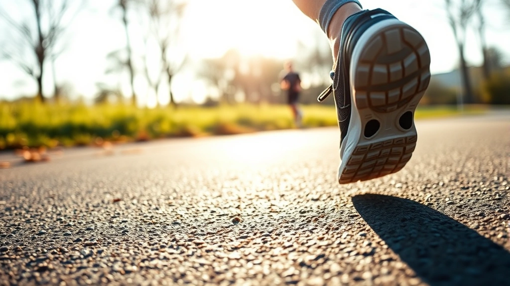 Close-up of a person's feet in running shoes on a pavement during morning walk, dynamic motion, natural daylight, showing movement and determination