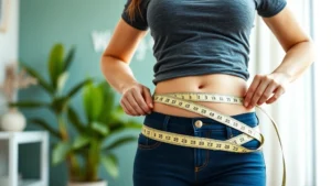 Woman measuring waist with measuring tape, smiling, bright wellness clinic background, natural lighting, healthy lifestyle focus
