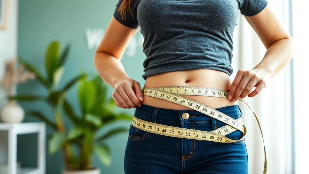 Woman measuring waist with measuring tape, smiling, bright wellness clinic background, natural lighting, healthy lifestyle focus