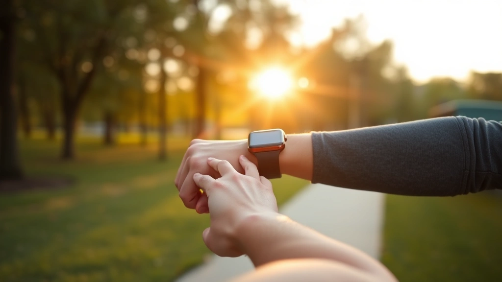 Fit person checking smartwatch after outdoor run, park setting, sunrise lighting, health tracking technology visible, energetic mood