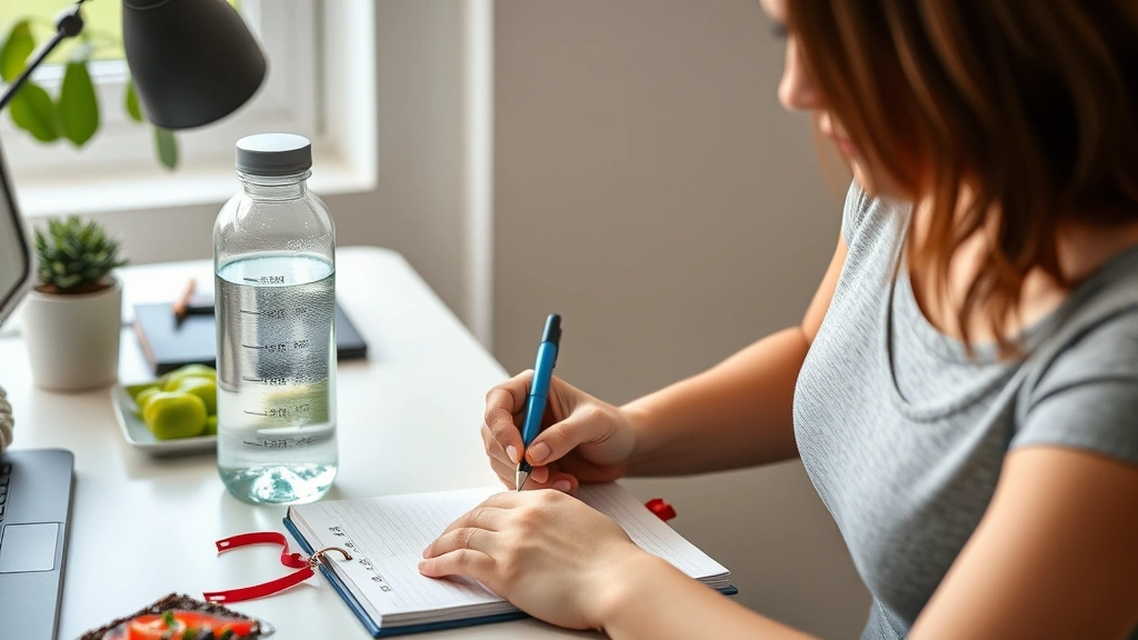 Person journaling weight loss progress with water bottle and healthy meal, home office desk, natural window light, wellness documentation