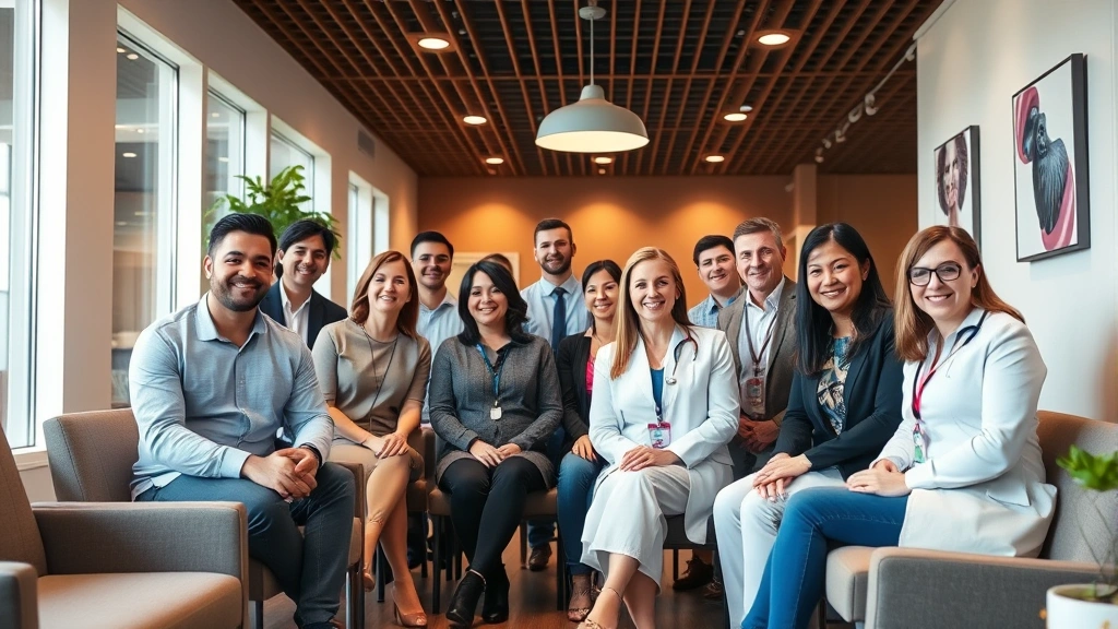 Diverse group of people in modern clinic waiting room with welcoming healthcare environment, warm lighting, comfortable seating, professional but approachable atmosphere