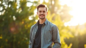 Professional man in casual clothing standing outdoors during morning sunlight, confident posture, healthy appearance, natural background with greenery, realistic photography, wellness lifestyle aesthetic