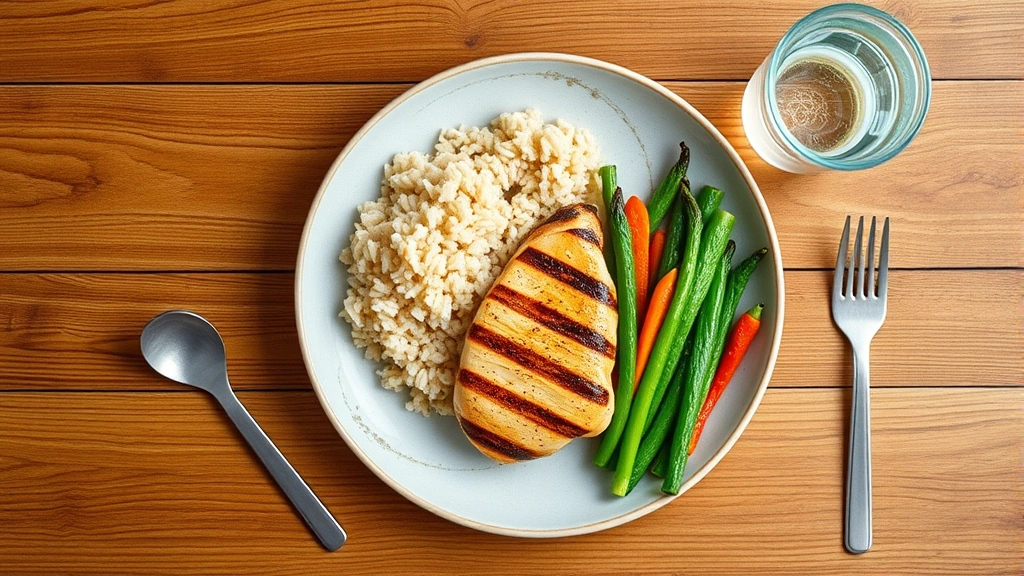 Overhead flat-lay of healthy meal components including grilled chicken breast, brown rice, steamed vegetables, and water glass on wooden table, natural lighting, food photography style