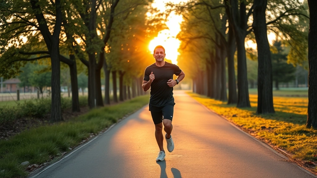 Person jogging on tree-lined path during golden hour, athletic wear, determined expression, natural outdoor setting, motion captured, health and fitness focus