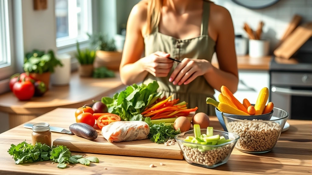 Woman preparing colorful meal with fresh vegetables, lean protein, and whole grains on wooden kitchen counter, natural sunlight, healthy food preparation