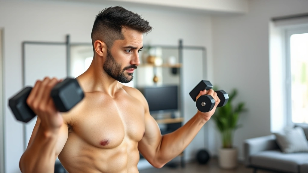 Fit person doing resistance training with dumbbells in home gym, focused expression, strength exercise demonstration, modern living space background