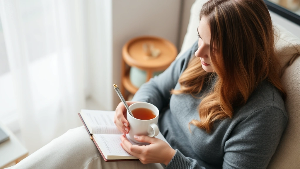 Woman journaling with cup of tea, relaxed posture, mindful moment, wellness and self-reflection, cozy home environment, mental health focus