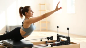 Woman performing pilates reformer exercise in bright, modern studio with natural light, demonstrating core engagement and proper form, peaceful focused expression
