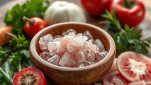 Photorealistic close-up of pink Himalayan salt crystals in a wooden bowl with warm natural lighting, surrounded by fresh vegetables and herbs, wellness aesthetic, no text or labels
