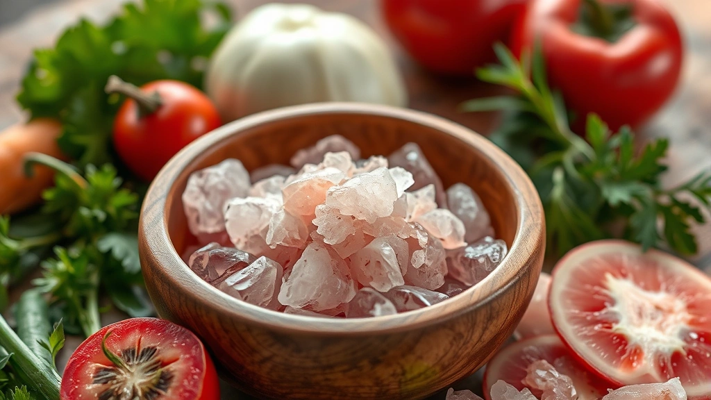 Photorealistic close-up of pink Himalayan salt crystals in a wooden bowl with warm natural lighting, surrounded by fresh vegetables and herbs, wellness aesthetic, no text or labels