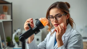 Professional nutritionist in modern clinical setting examining pink himalayan salt crystals under magnifying glass, laboratory workspace with mineral samples, neutral background, natural lighting, corporate healthcare environment