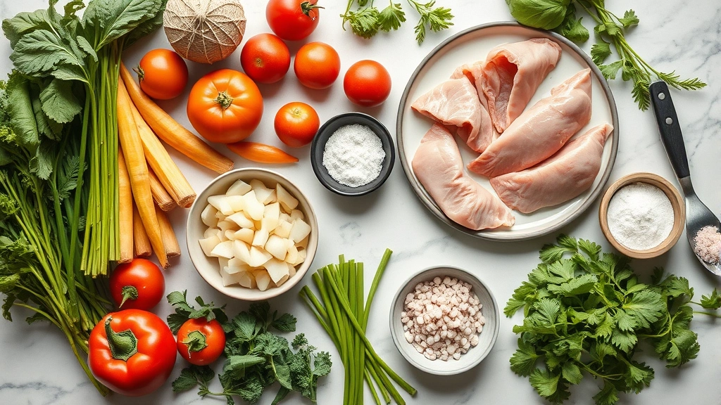 Overhead flat lay of fresh organic vegetables, lean proteins, and pink salt seasoning on marble counter, healthy meal preparation scene, natural daylight, minimalist composition, professional food styling