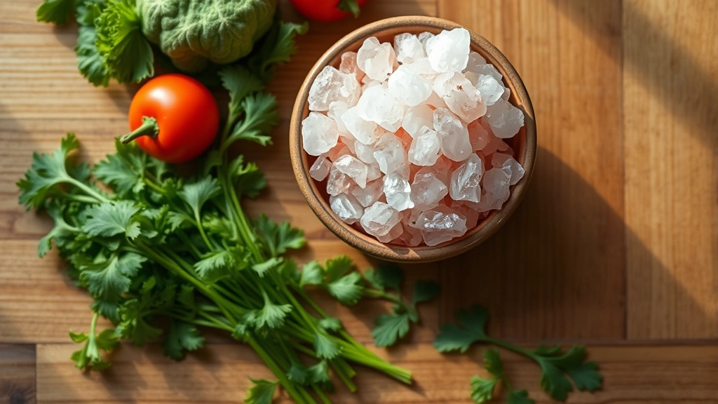 Overhead shot of Himalayan pink salt crystals in a ceramic bowl next to fresh vegetables and herbs on a wooden countertop, natural daylight, warm wellness aesthetic