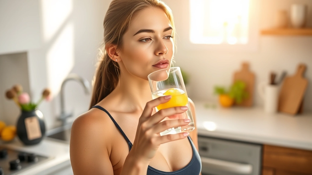 Woman drinking water with lemon in a bright kitchen, holding a glass, healthy hydrated complexion, morning sunlight, fit and energized appearance