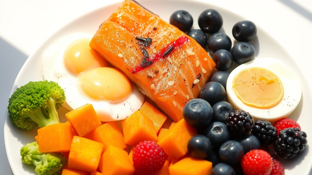 Colorful array of whole foods including broccoli, sweet potatoes, salmon, eggs, and berries arranged on a white plate, fresh and nutritious meal, bright daylight