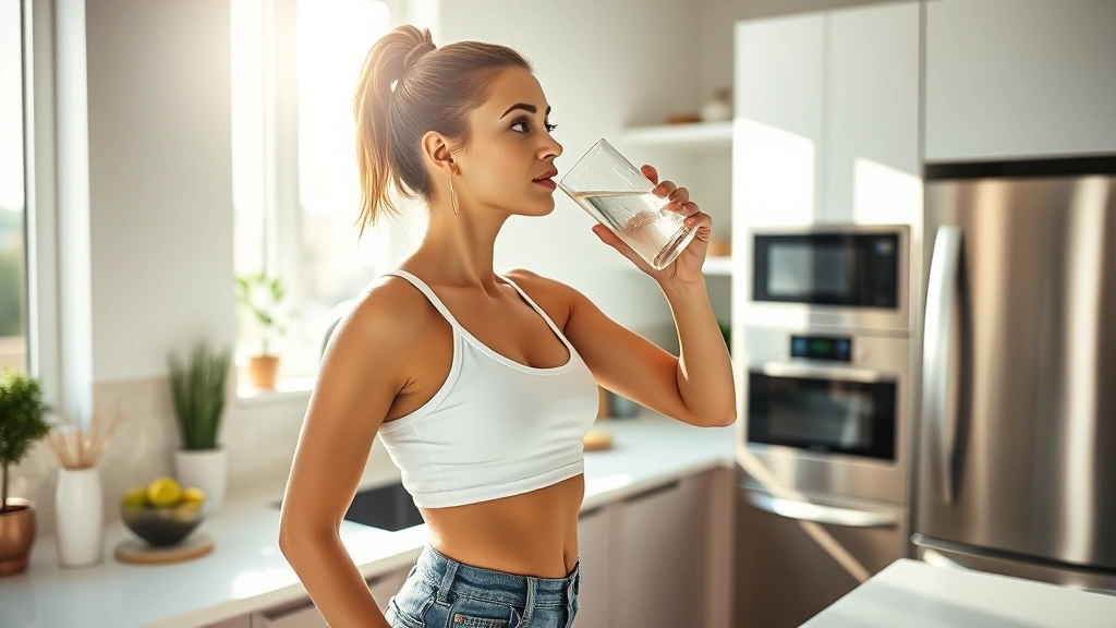 Fit woman drinking mineral water from glass in bright modern kitchen with stainless steel appliances, morning sunlight streaming through windows, healthy lifestyle photography, professional corporate wellness context, no text visible