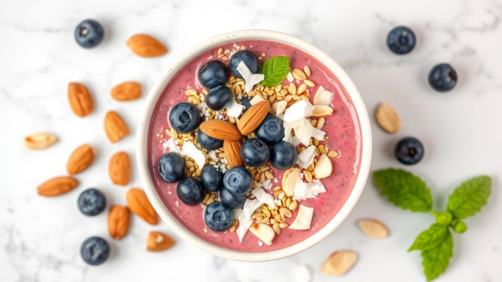 Colorful smoothie bowl topped with raw almonds, hemp seeds, blueberries, and coconut flakes in white ceramic dish, marble background, flat lay photography, nutrient-dense breakfast concept, professional food styling, business wellness context