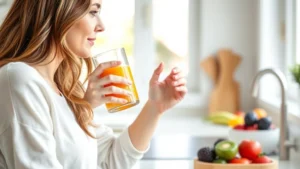 Woman drinking a colorful smoothie at home, natural morning light, healthy kitchen setting, fresh fruit visible, wellness atmosphere, photorealistic