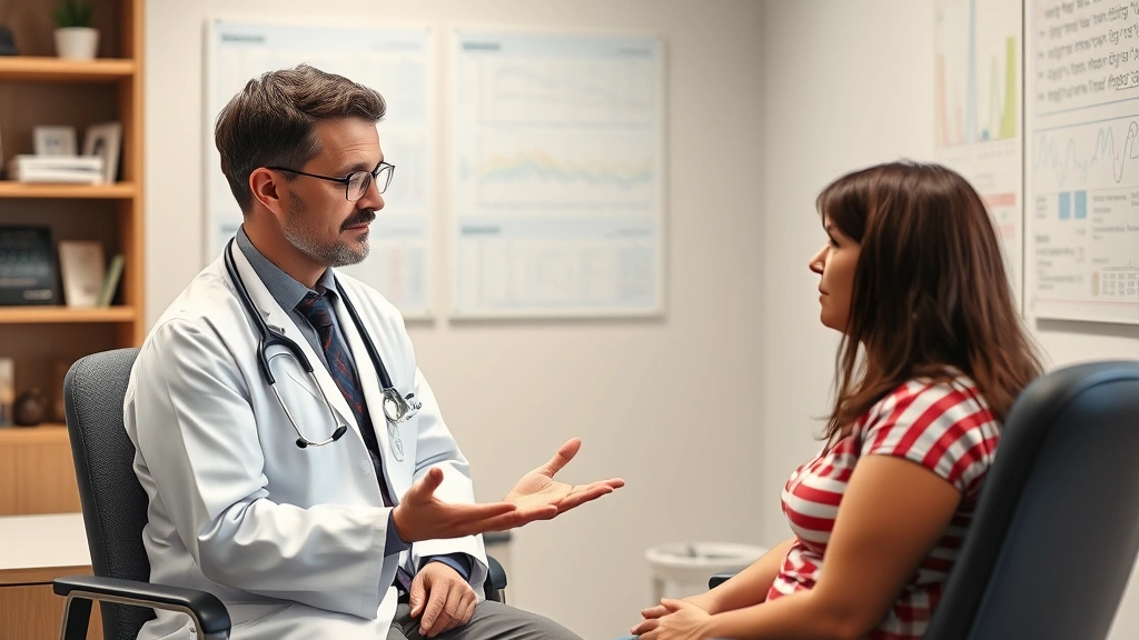 Doctor discussing weight management with patient in clinical office, professional healthcare setting, supportive conversation, medical charts in background, photorealistic