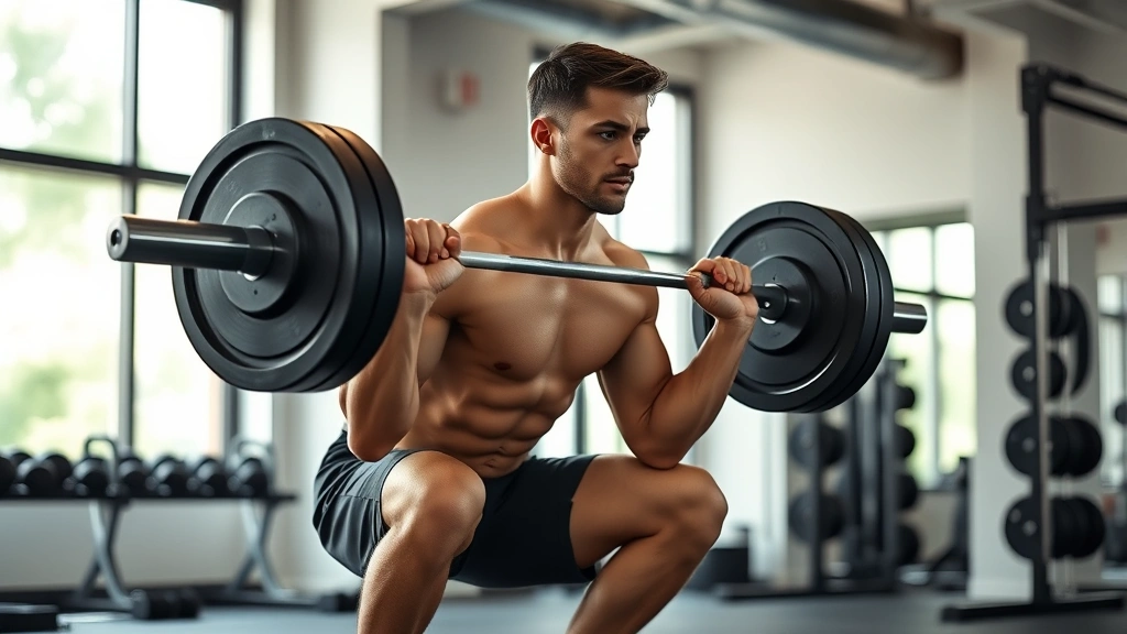 Fit male athlete performing heavy barbell squat in modern gym with proper form, focused expression, natural lighting, professional athletic setting